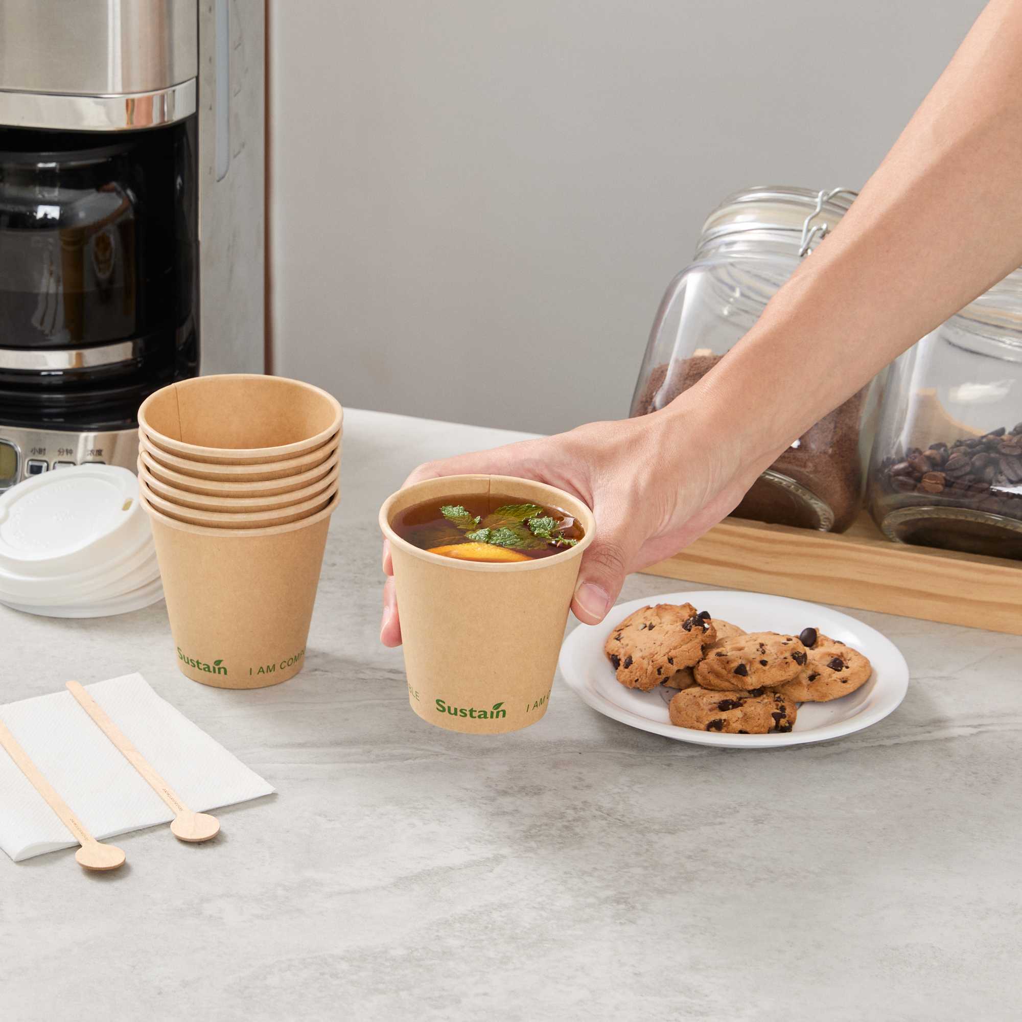 Sustain 8 oz Kraft Paper Coffee Cup - PLA Lining, Compostable, Single Wall - 3 1/2" x 3 1/2" x 3 1/4" - 50 count box