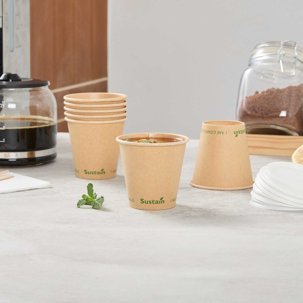 Sustain 8 oz Kraft Paper Coffee Cup - PLA Lining, Compostable, Single Wall - 3 1/2" x 3 1/2" x 3 1/4" - 50 count box