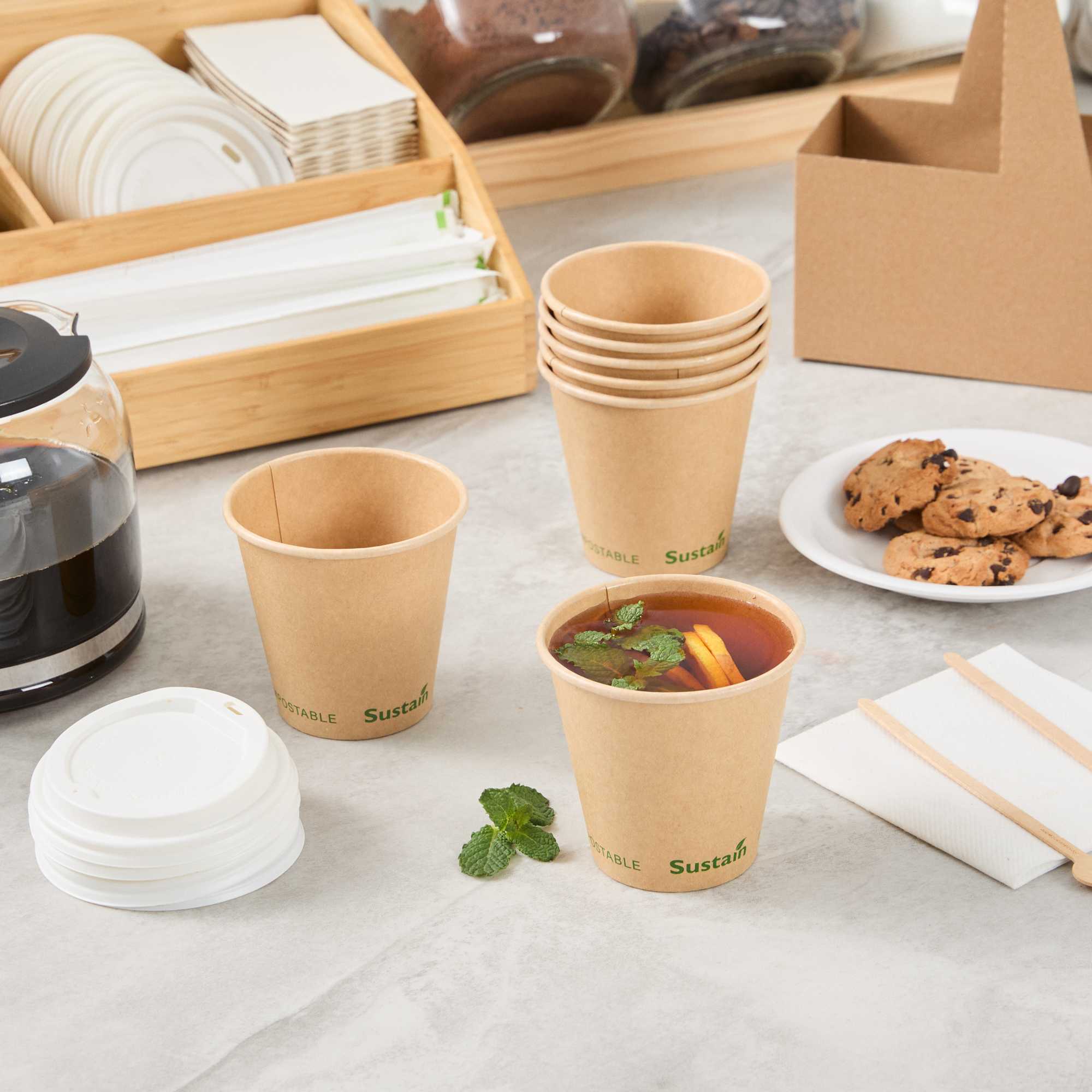 Sustain 8 oz Kraft Paper Coffee Cup - PLA Lining, Compostable, Single Wall - 3 1/2" x 3 1/2" x 3 1/4" - 50 count box