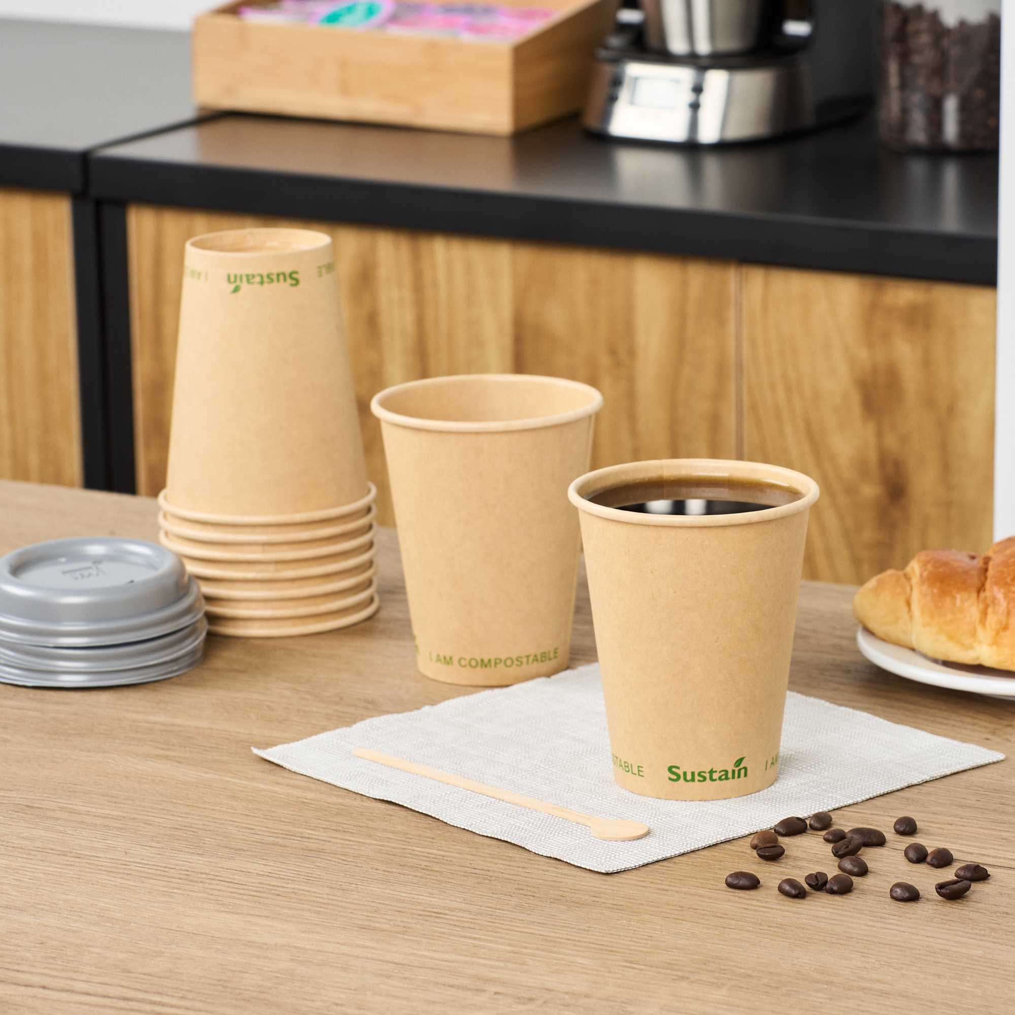 Sustain 12 oz Kraft Paper Coffee Cup - PLA Lining, Compostable, Single Wall - 3 1/2" x 3 1/2" x 4 1/4" - 50 count box