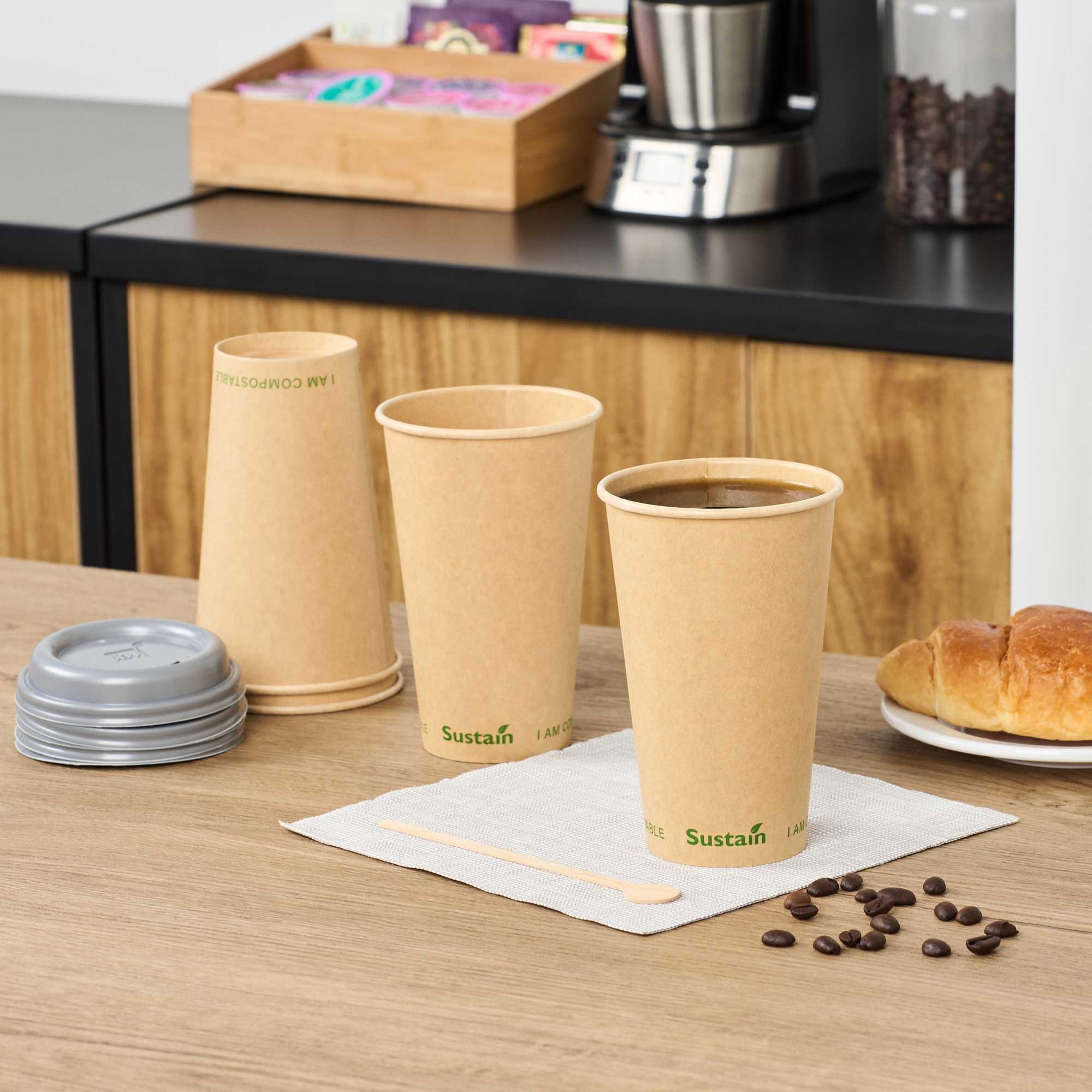 Sustain 16 oz Kraft Paper Coffee Cup - PLA Lining, Compostable, Single Wall - 3 1/2" x 3 1/2" x 5 1/2" - 50 count box