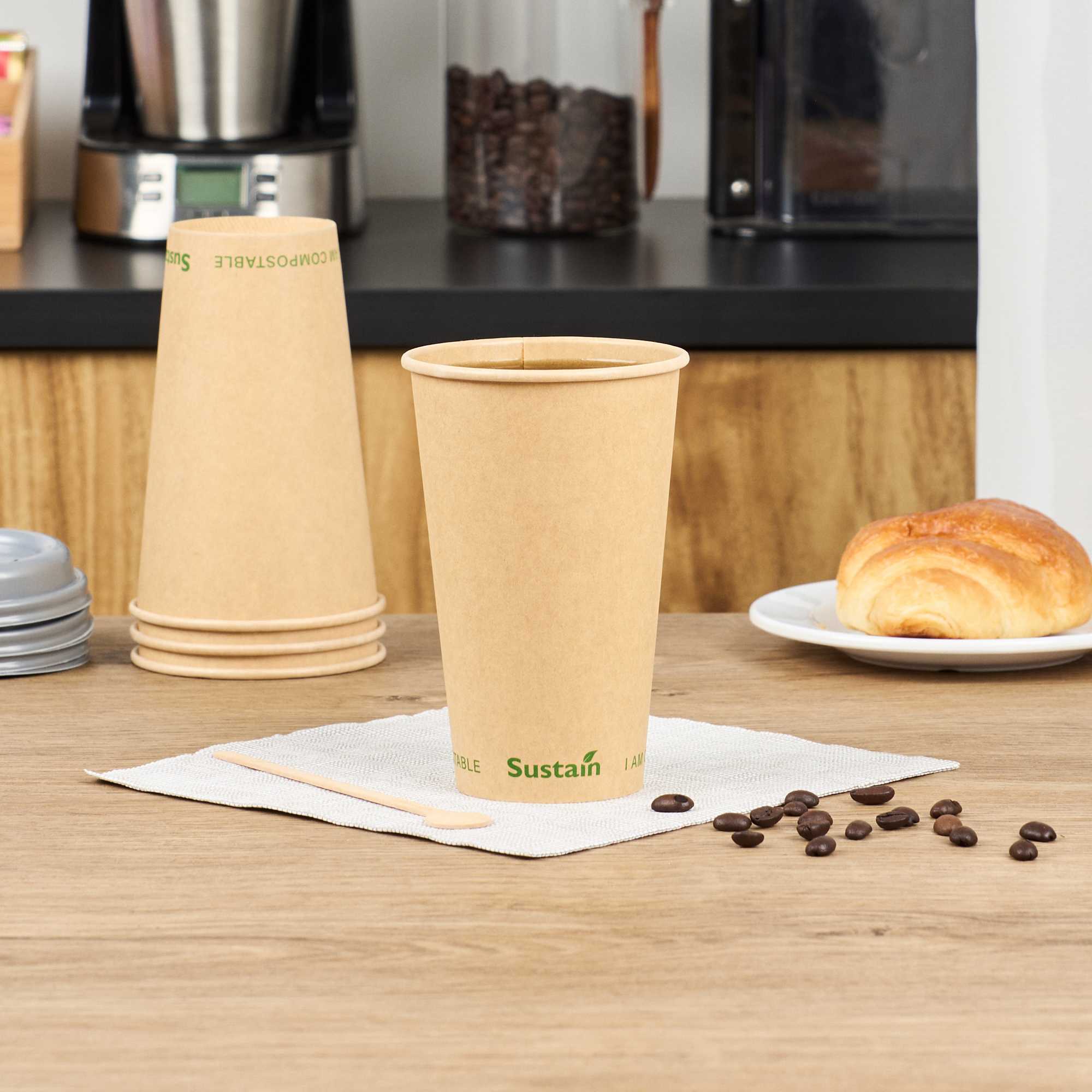 Sustain 16 oz Kraft Paper Coffee Cup - PLA Lining, Compostable, Single Wall - 3 1/2" x 3 1/2" x 5 1/2" - 1000 count box