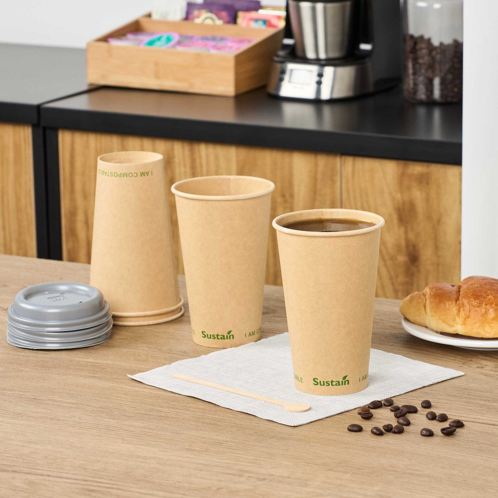 Sustain 16 oz Kraft Paper Coffee Cup - PLA Lining, Compostable, Single Wall - 3 1/2" x 3 1/2" x 5 1/2" - 1000 count box