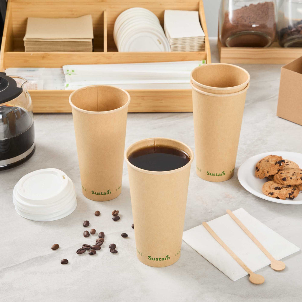 Sustain 20 oz Kraft Paper Coffee Cup - PLA Lining, Compostable, Single Wall - 3 1/2" x 3 1/2" x 6 1/4" - 50 count box
