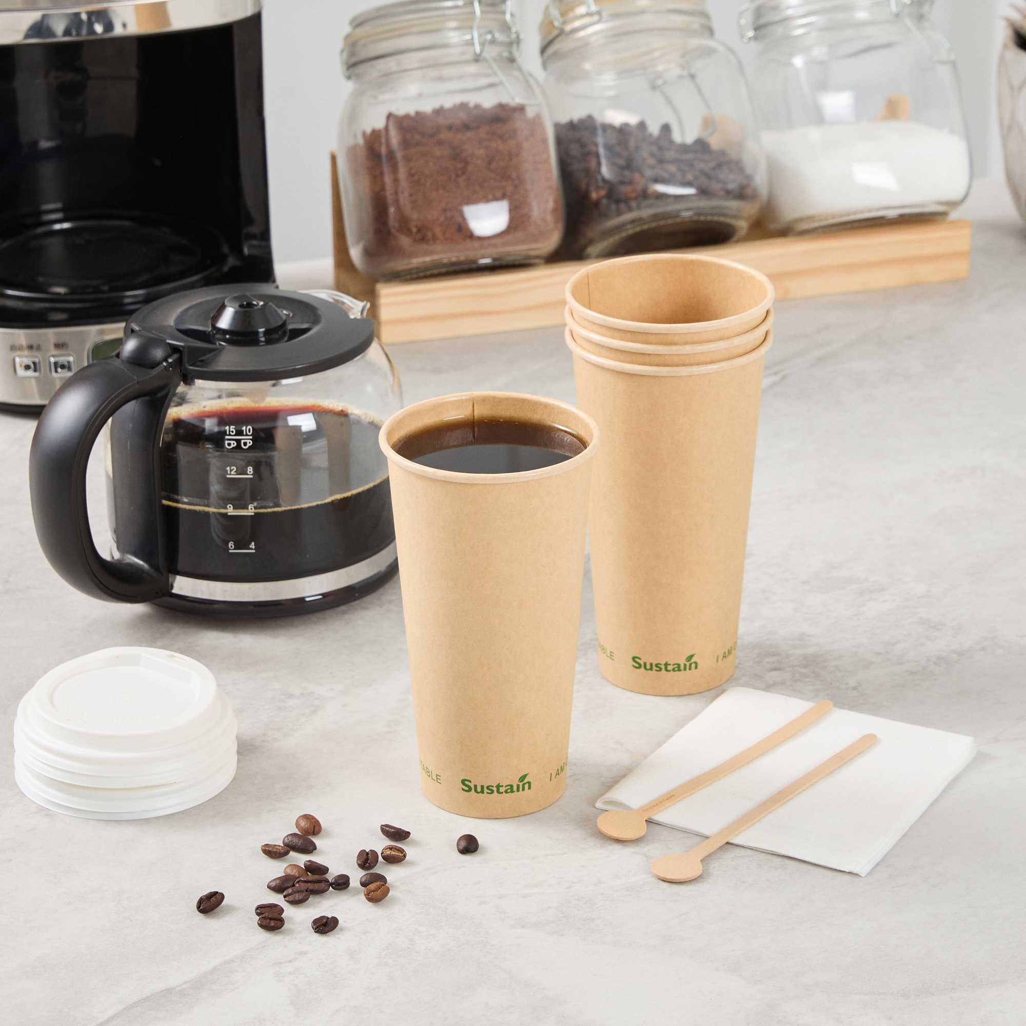 Sustain 20 oz Kraft Paper Coffee Cup - PLA Lining, Compostable, Single Wall - 3 1/2" x 3 1/2" x 6 1/4" - 50 count box