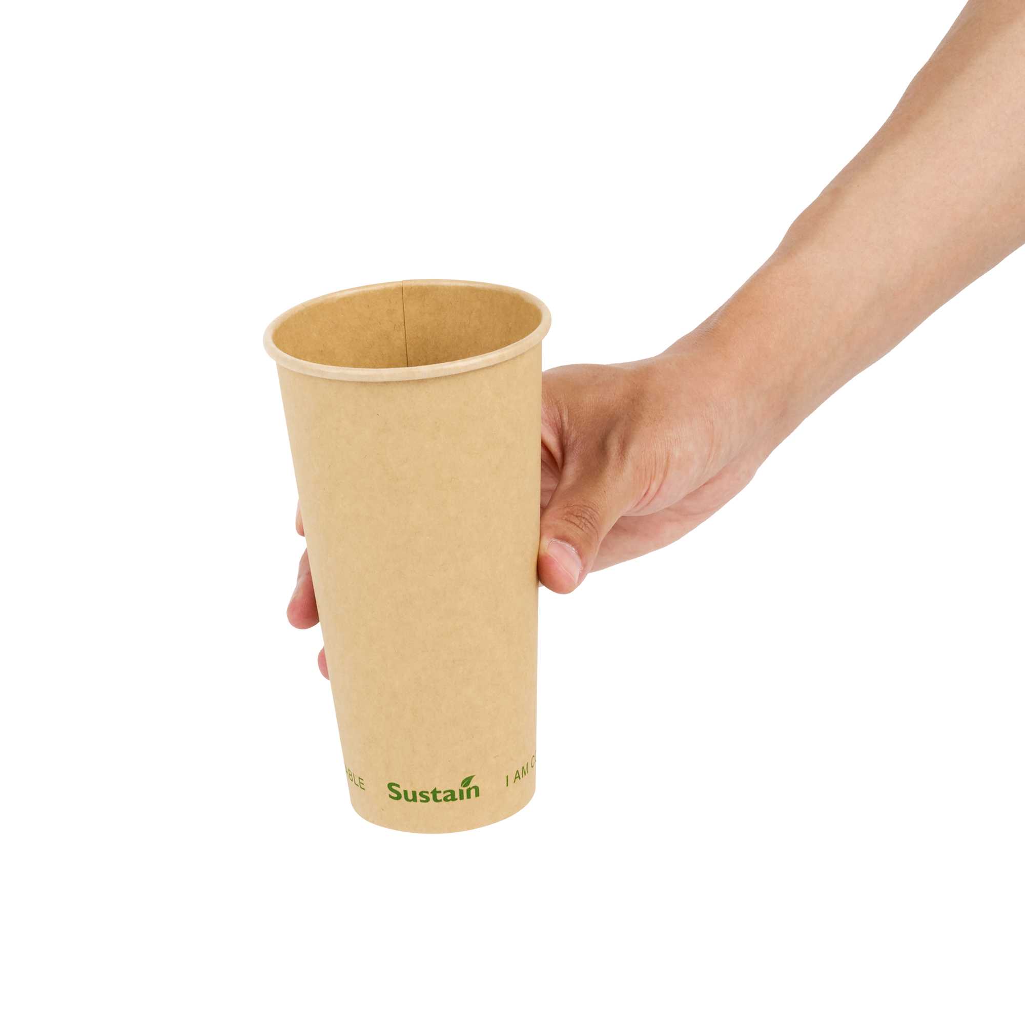 Sustain 20 oz Kraft Paper Coffee Cup - PLA Lining, Compostable, Single Wall - 3 1/2" x 3 1/2" x 6 1/4" - 1000 count box