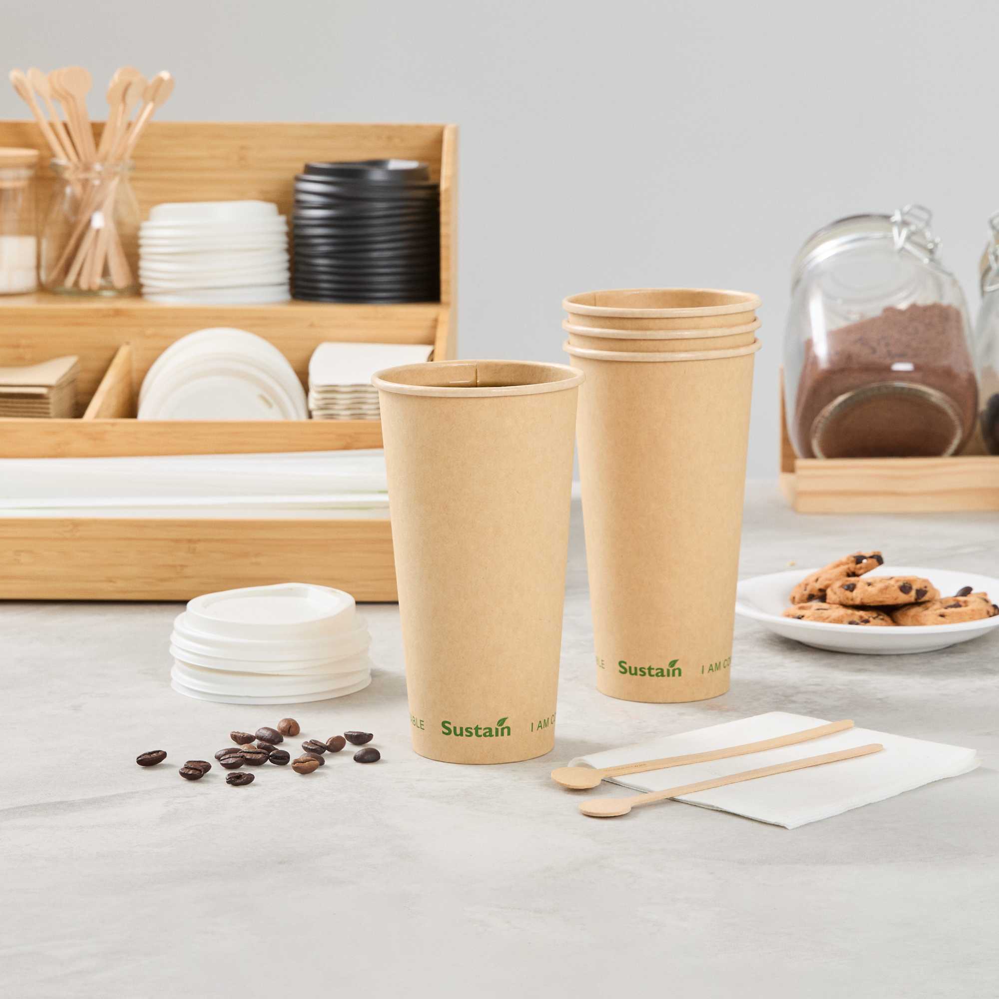 Sustain 20 oz Kraft Paper Coffee Cup - PLA Lining, Compostable, Single Wall - 3 1/2" x 3 1/2" x 6 1/4" - 1000 count box