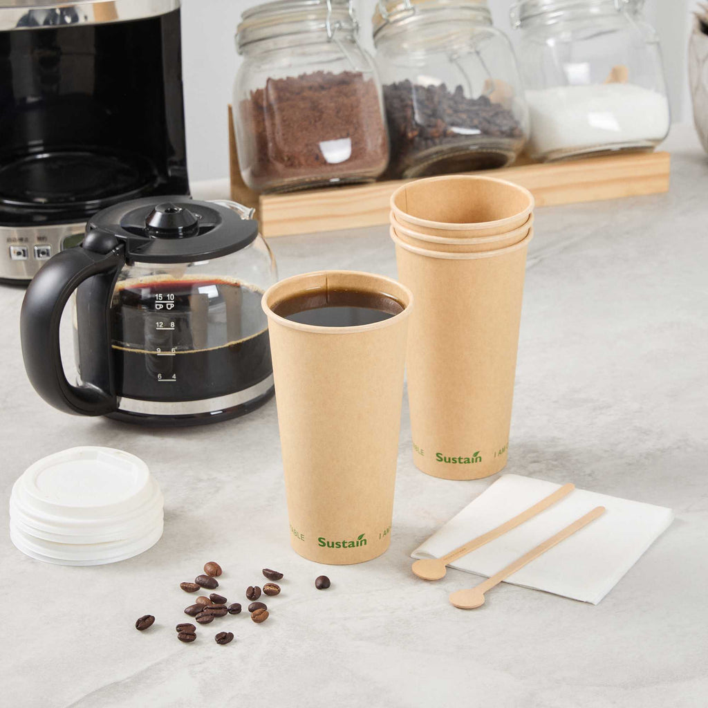 Sustain 20 oz Kraft Paper Coffee Cup - PLA Lining, Compostable, Single Wall - 3 1/2" x 3 1/2" x 6 1/4" - 1000 count box