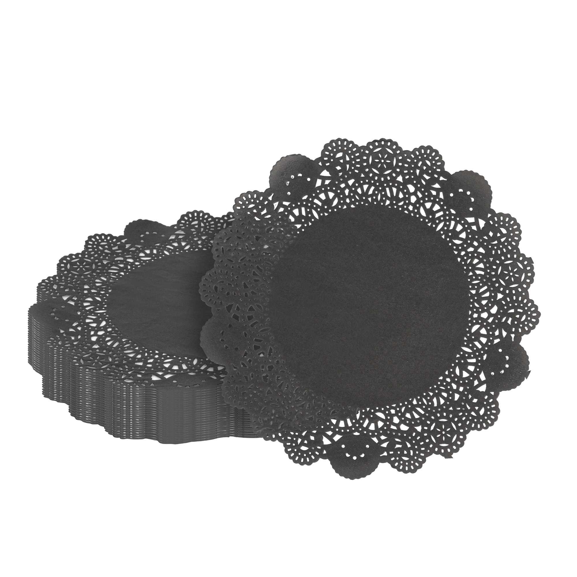 Pastry Tek Round Black Paper Doilies - Lace - 8" x 8" - 100 count box