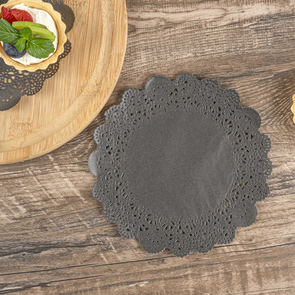 Pastry Tek Round Black Paper Doilies - Lace - 8" x 8" - 100 count box
