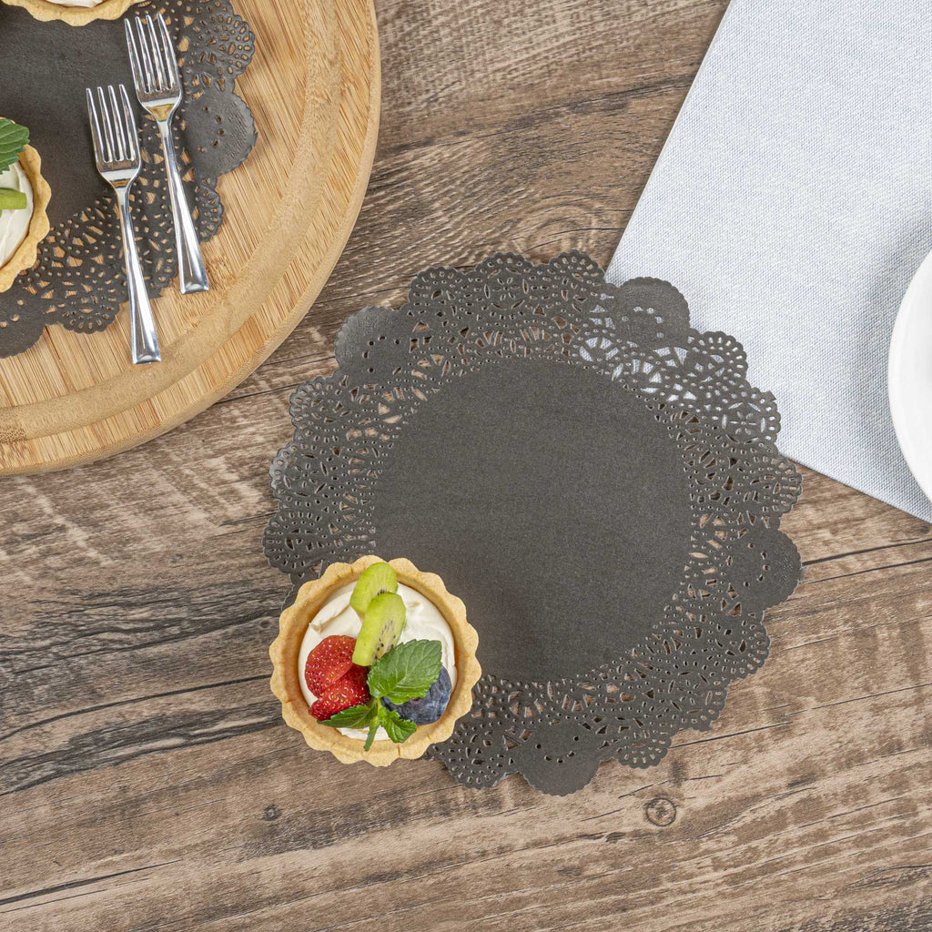 Pastry Tek Round Black Paper Doilies - Lace - 8" x 8" - 100 count box