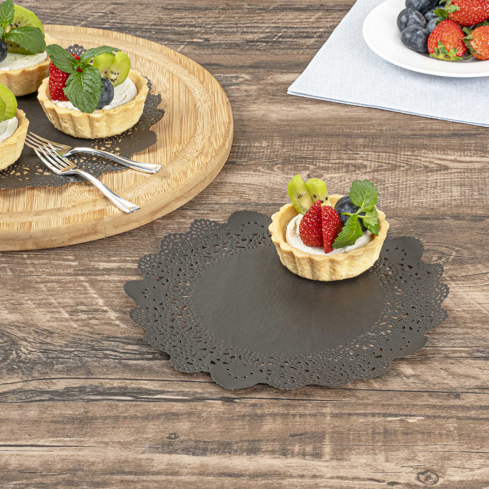Pastry Tek Round Black Paper Doilies - Lace - 8" x 8" - 100 count box