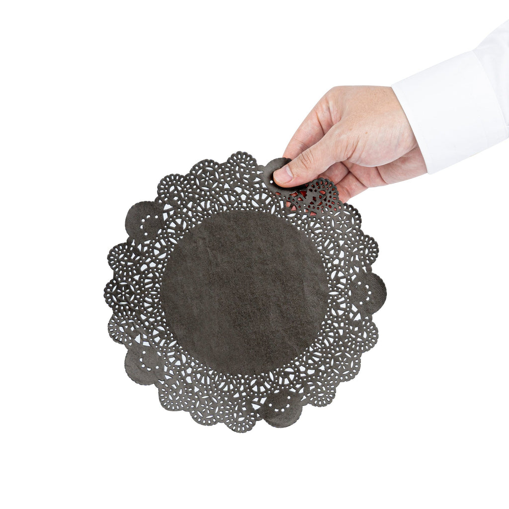Pastry Tek Round Black Paper Doilies - Lace - 8" x 8" - 4000 count box