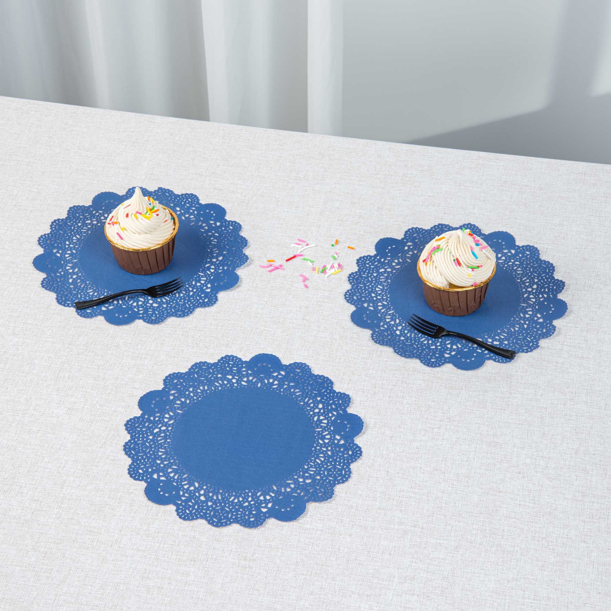 Pastry Tek Round Navy Blue Paper Doilies - Lace - 8" x 8" - 4000 count box