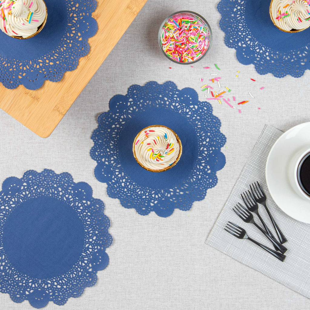Pastry Tek Round Navy Blue Paper Doilies - Lace - 8" x 8" - 4000 count box