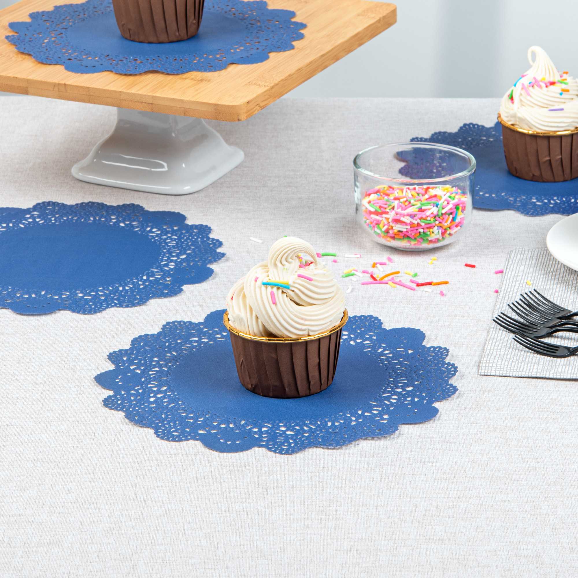 Pastry Tek Round Navy Blue Paper Doilies - Lace - 8" x 8" - 4000 count box
