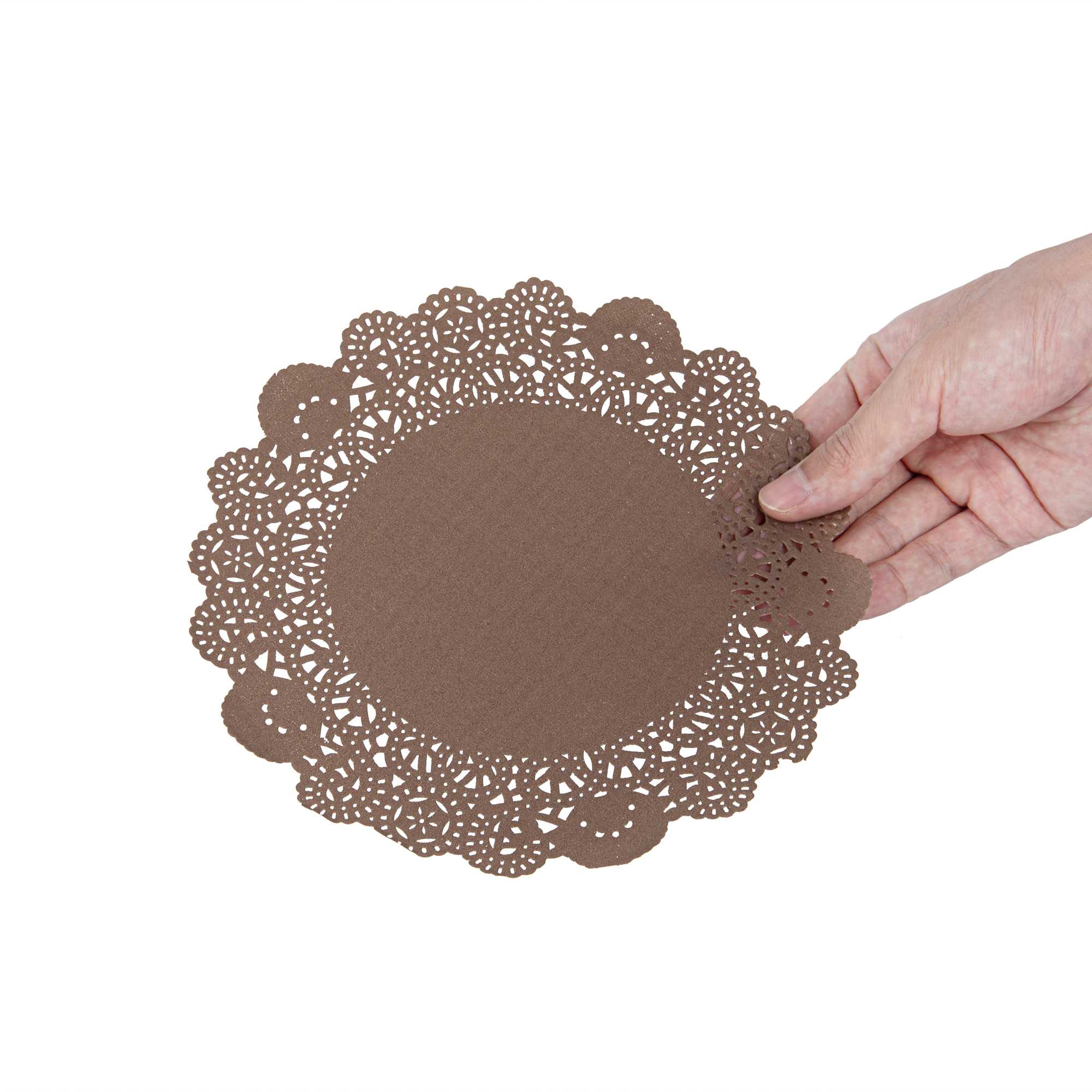 Pastry Tek Round Brown Paper Doilies - Lace - 8" x 8" - 100 count box