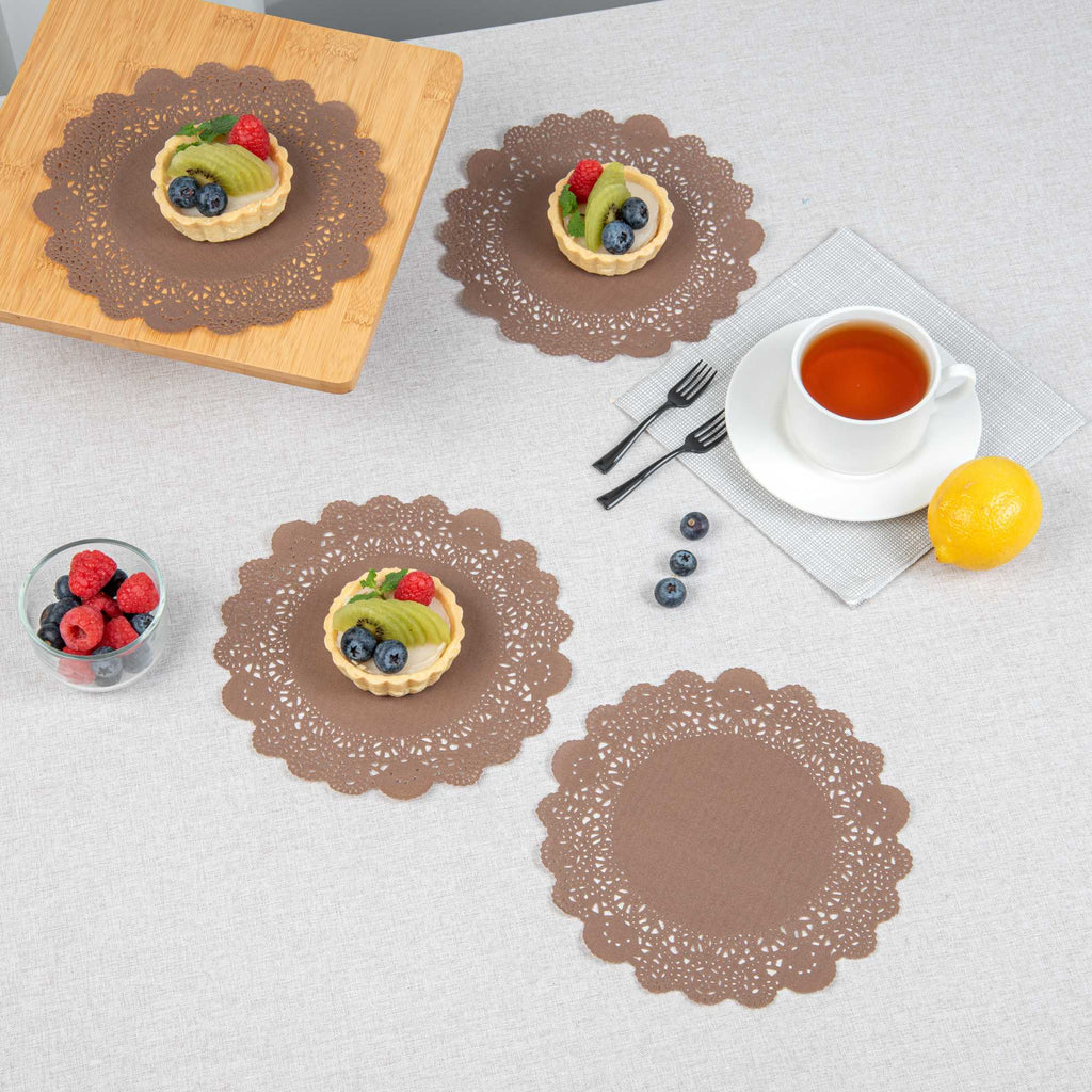 Pastry Tek Round Brown Paper Doilies - Lace - 8" x 8" - 100 count box