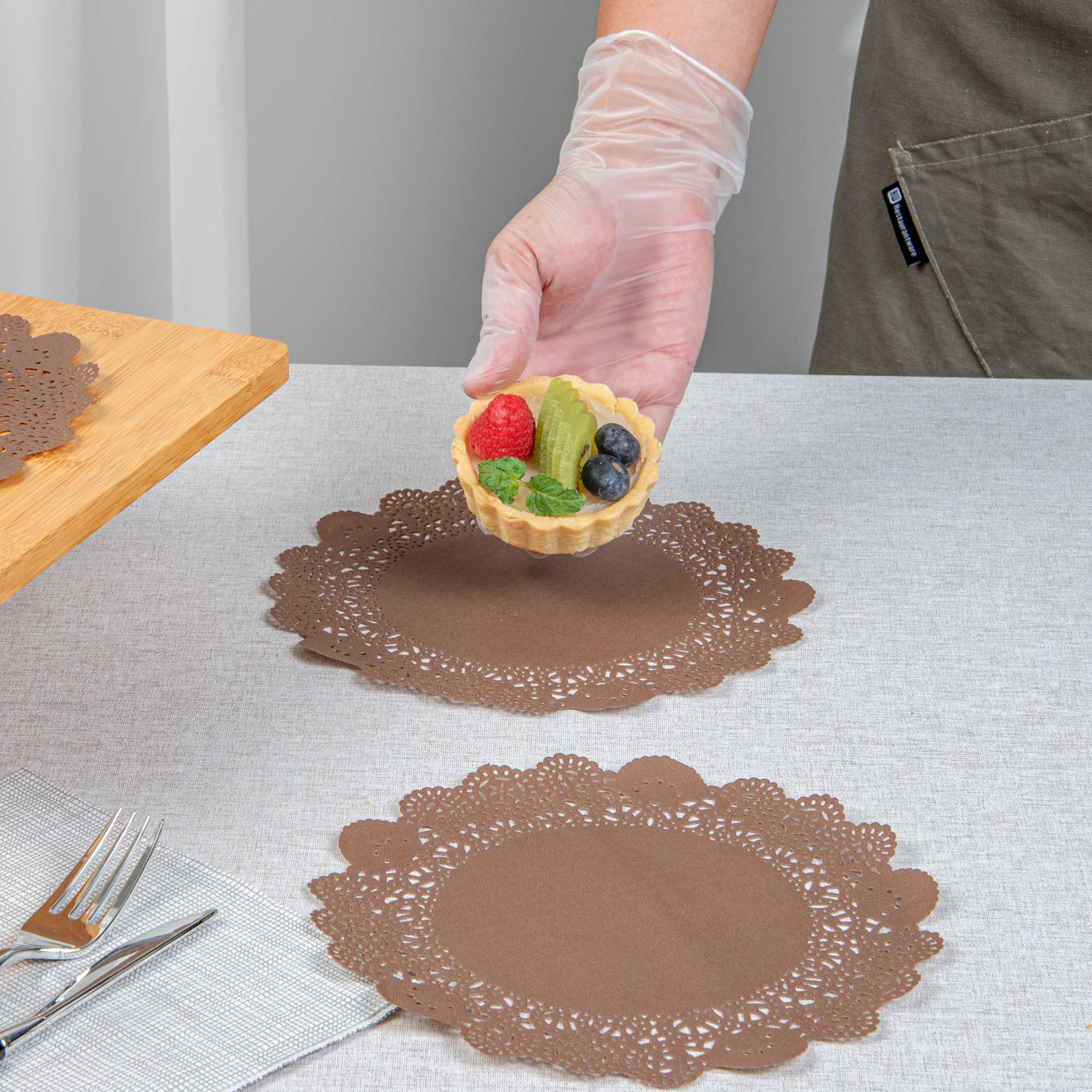 Pastry Tek Round Brown Paper Doilies - Lace - 8" x 8" - 4000 count box