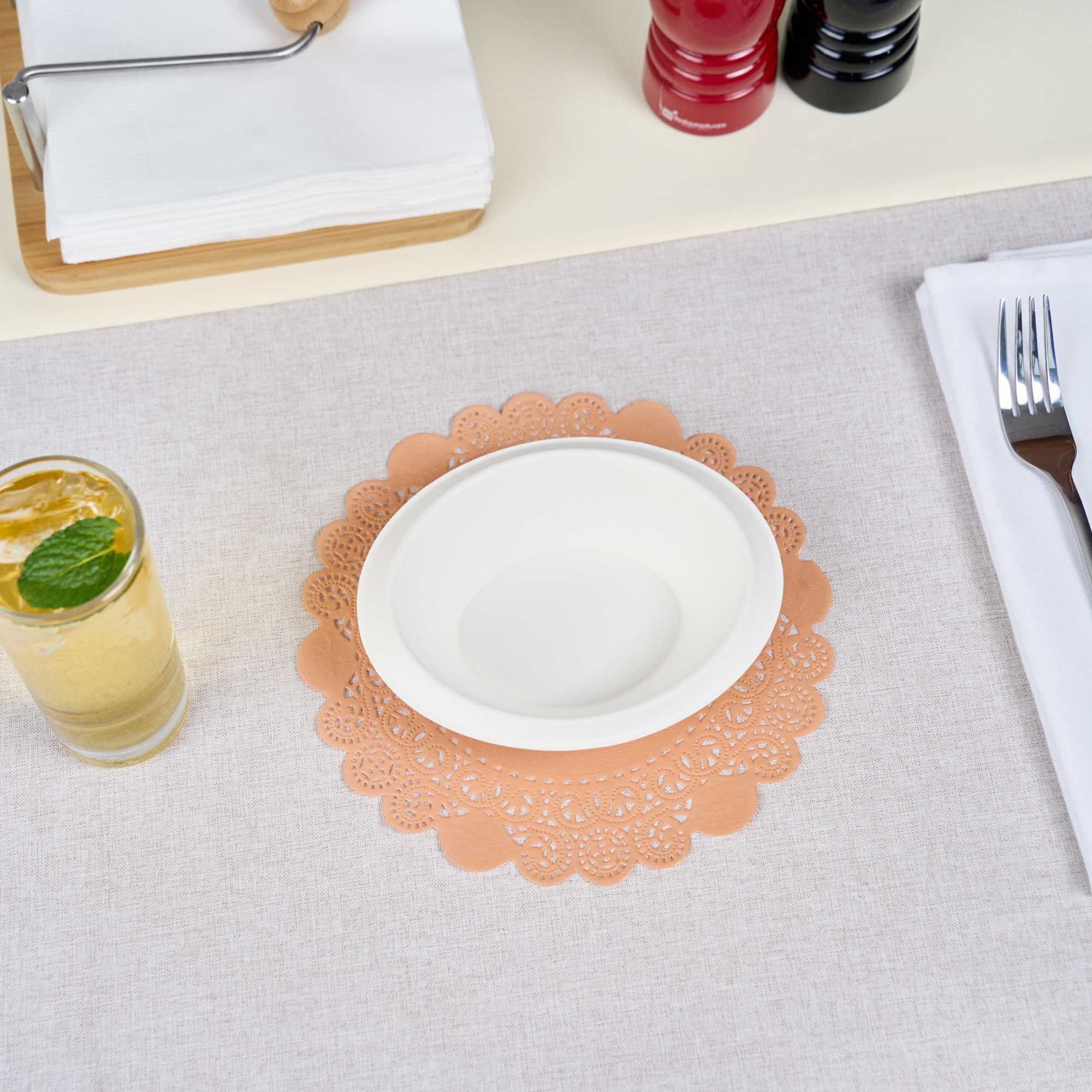 Pastry Tek Round Coral Paper Doilies - Lace - 8" x 8" - 4000 count box