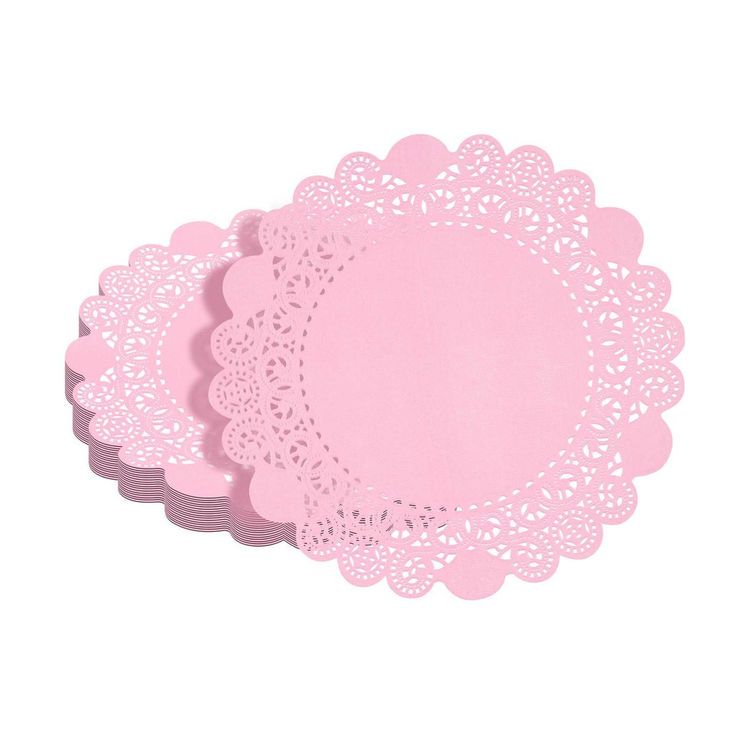 Pastry Tek Round Pink Paper Doilies - Lace - 8" x 8" - 100 count box
