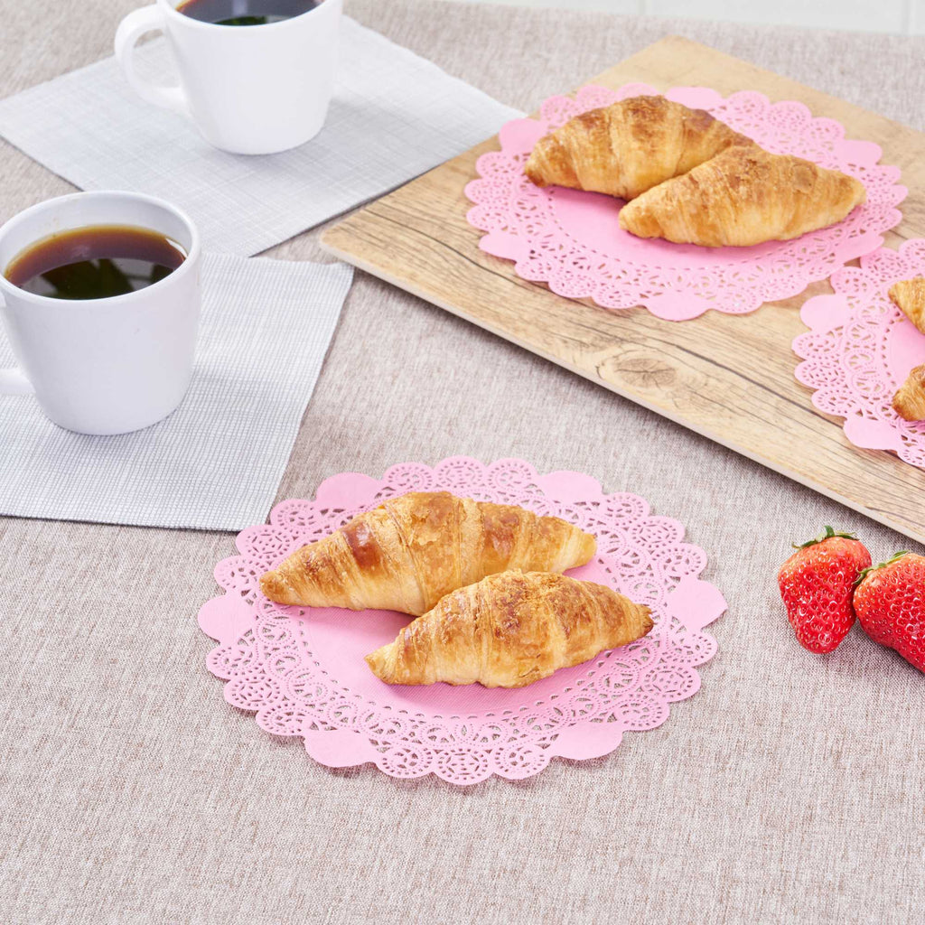 Pastry Tek Round Pink Paper Doilies - Lace - 8" x 8" - 4000 count box