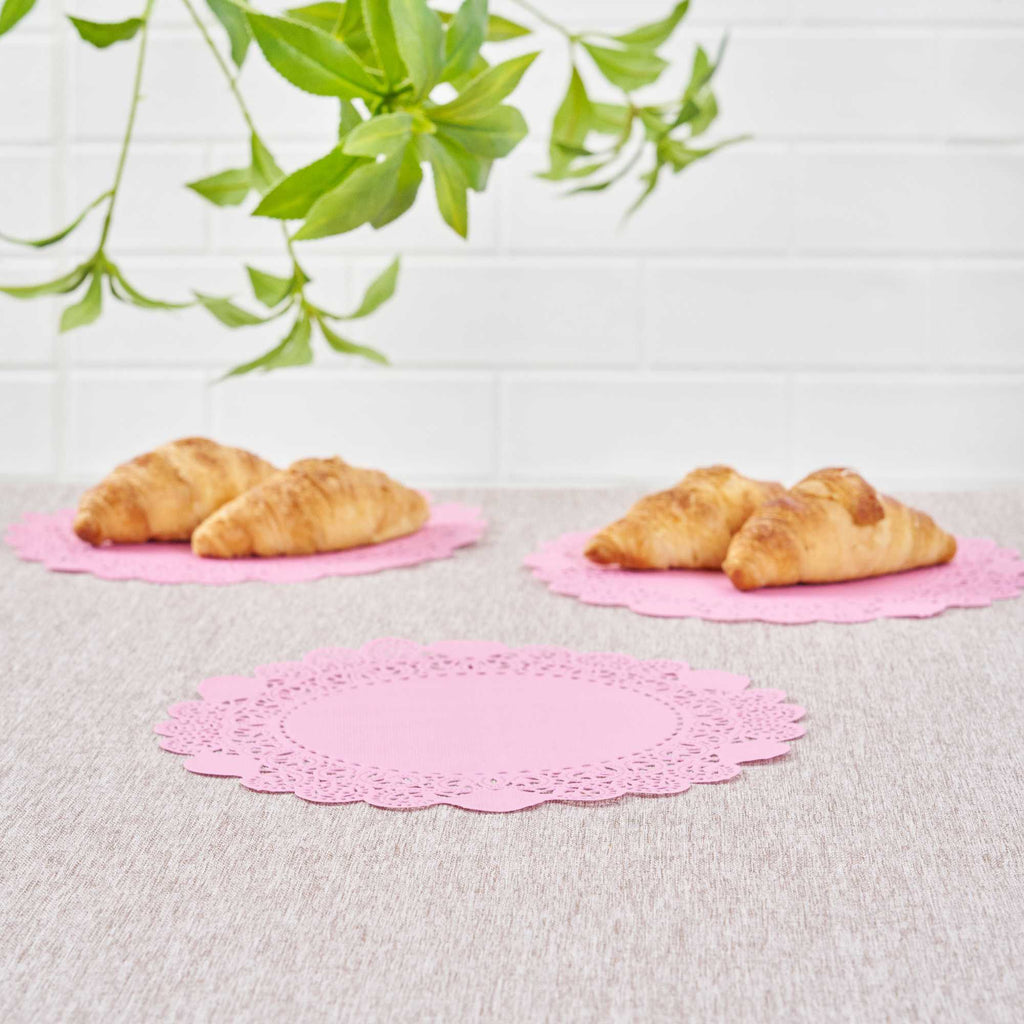 Pastry Tek Round Pink Paper Doilies - Lace - 8" x 8" - 4000 count box