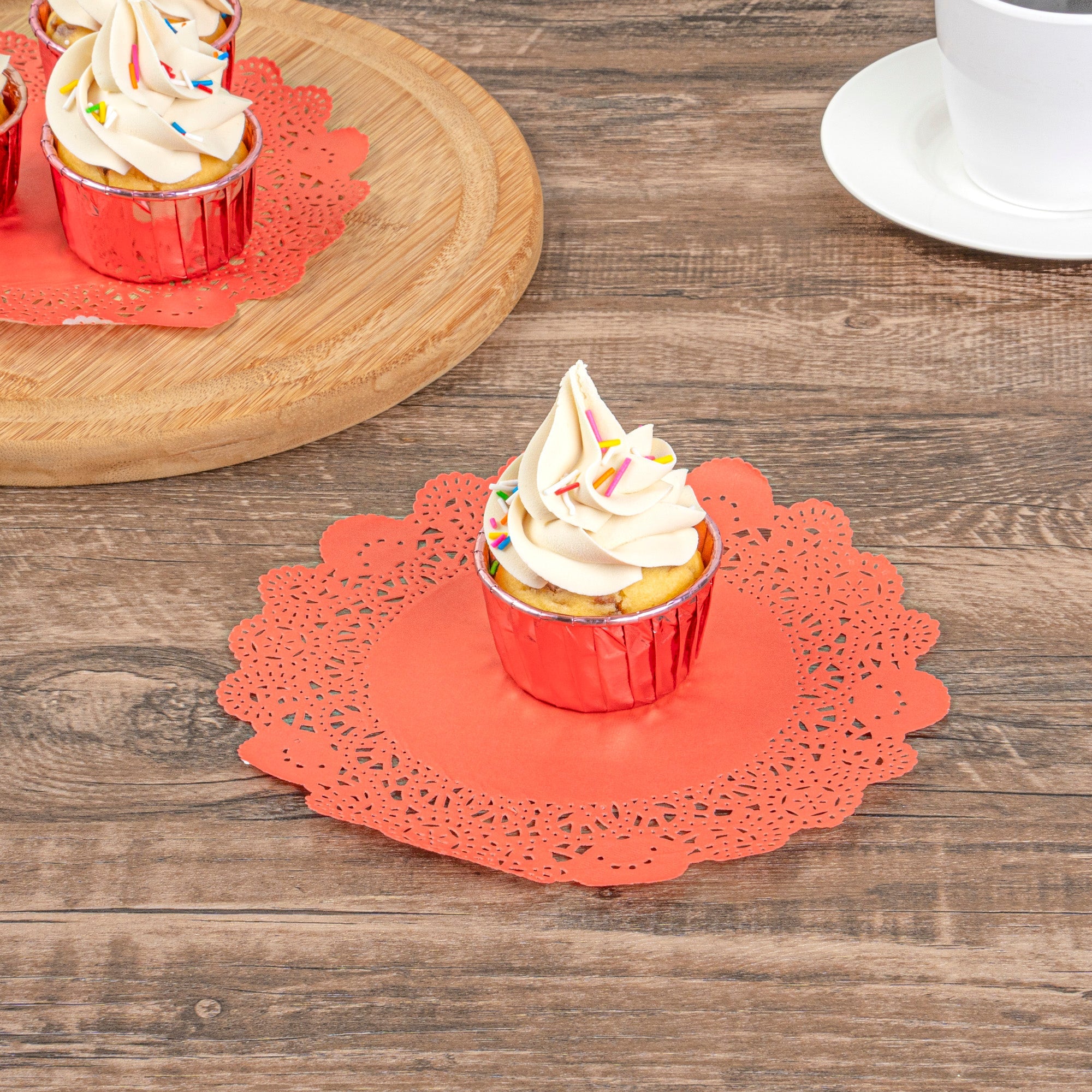 Pastry Tek Round Red Paper Doilies - Lace - 8" x 8" - 100 count box