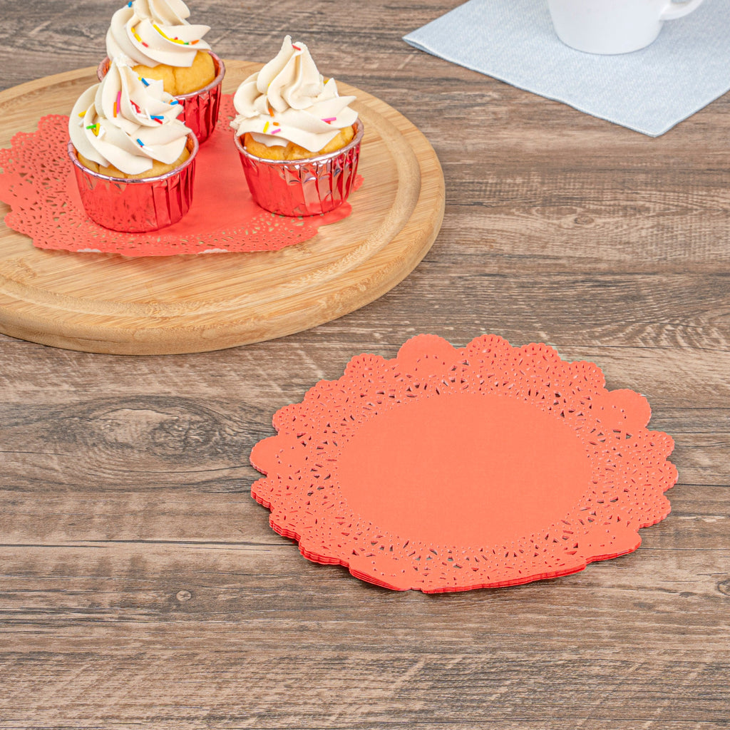 Pastry Tek Round Red Paper Doilies - Lace - 8" x 8" - 100 count box
