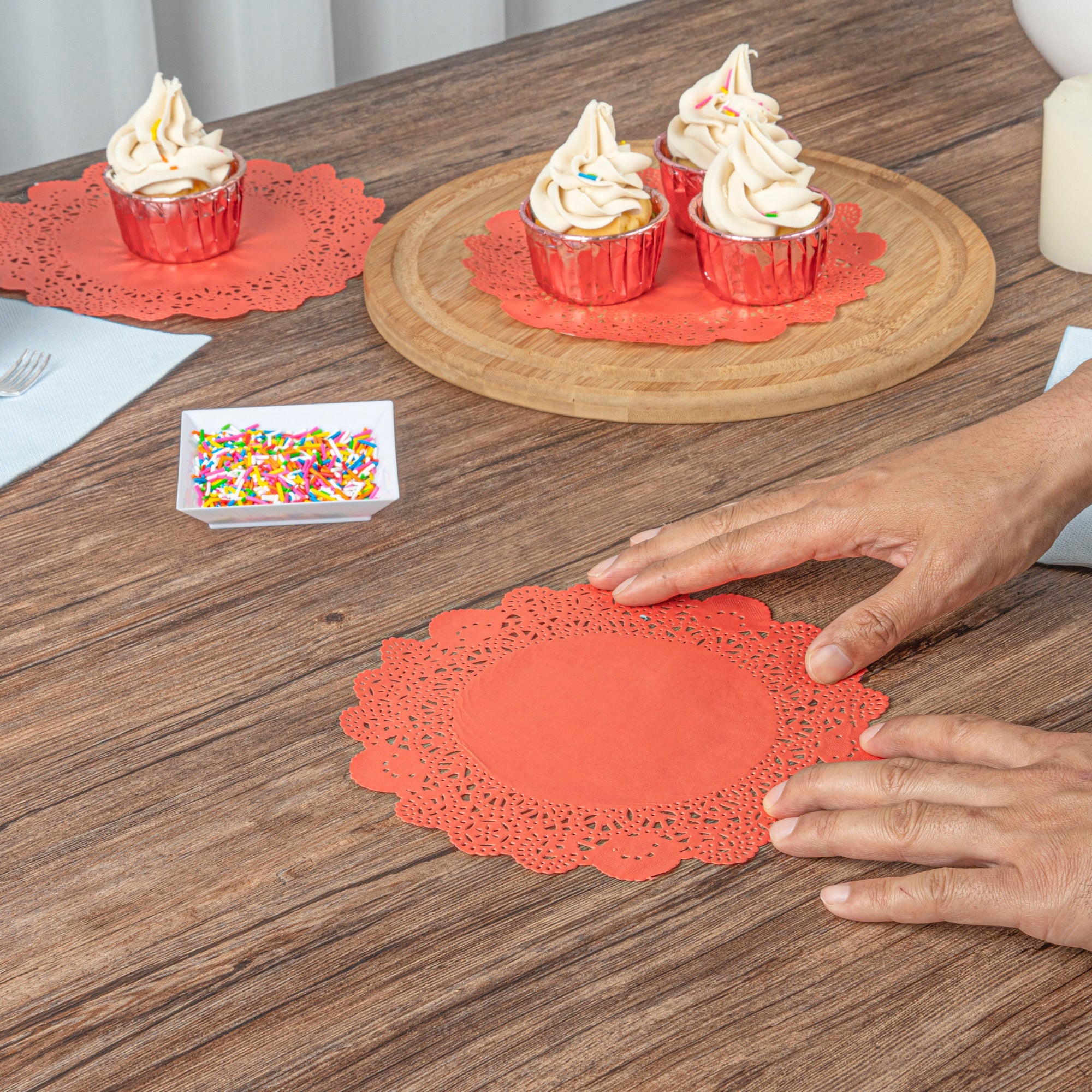 Pastry Tek Round Red Paper Doilies - Lace - 8" x 8" - 100 count box
