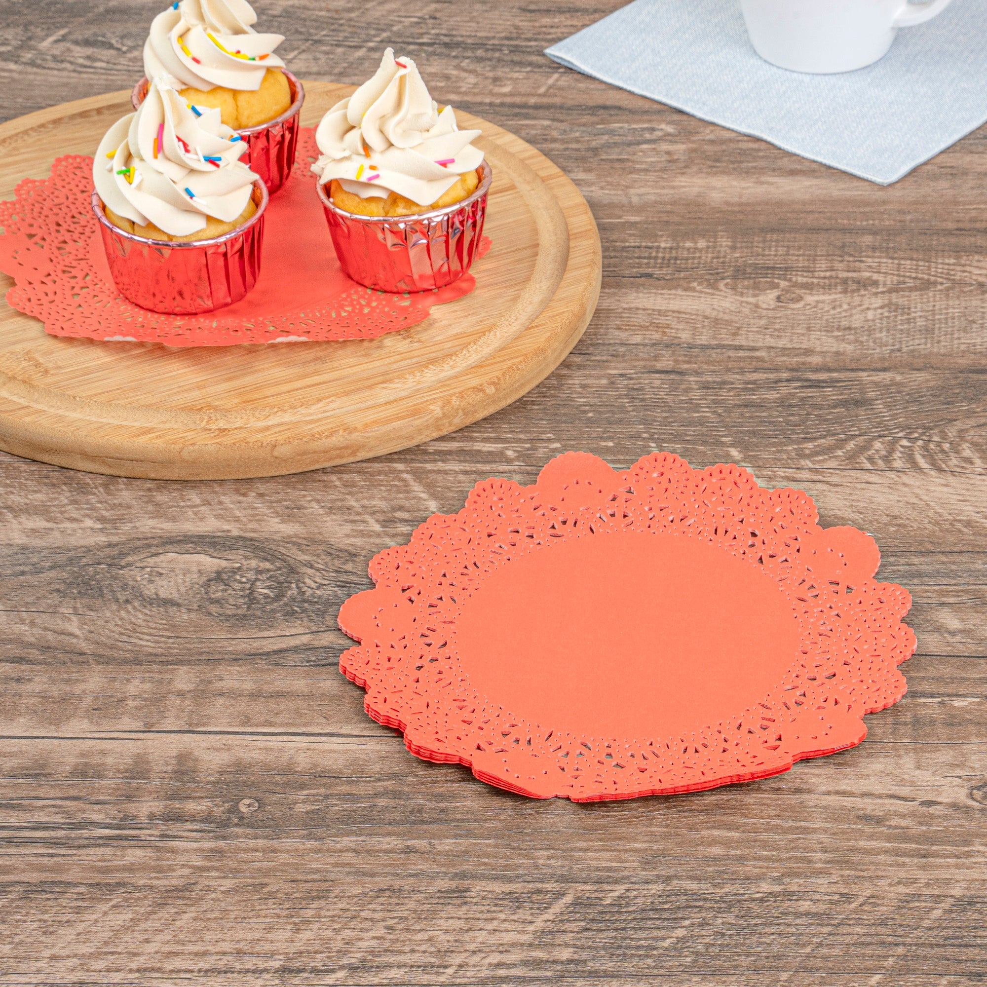Pastry Tek Round Red Paper Doilies - Lace - 8" x 8" - 4000 count box