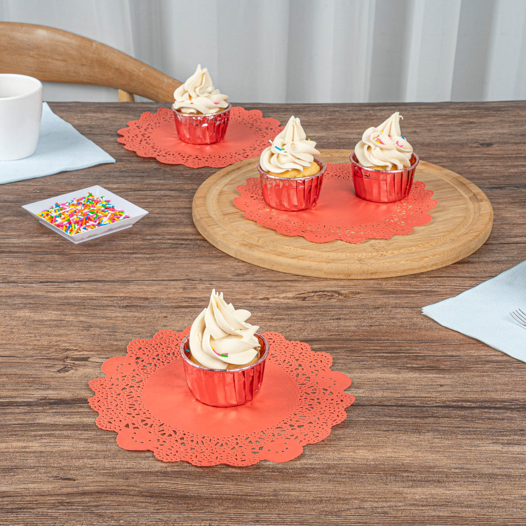 Pastry Tek Round Red Paper Doilies - Lace - 8" x 8" - 4000 count box