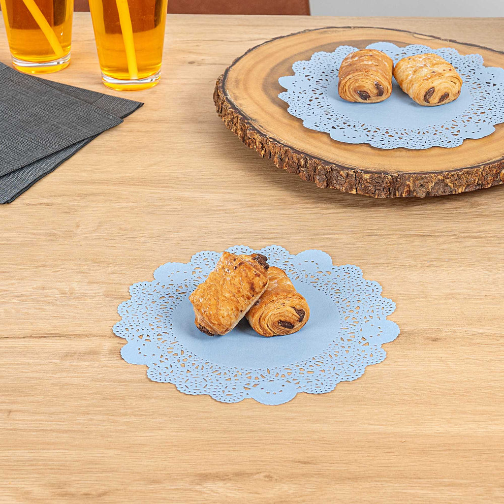 Pastry Tek Round Sky Blue Paper Doilies - Lace - 8" x 8" - 100 count box