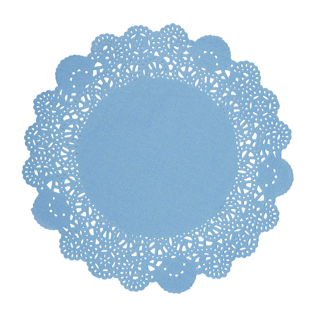 Pastry Tek Round Sky Blue Paper Doilies - Lace - 8" x 8" - 100 count box