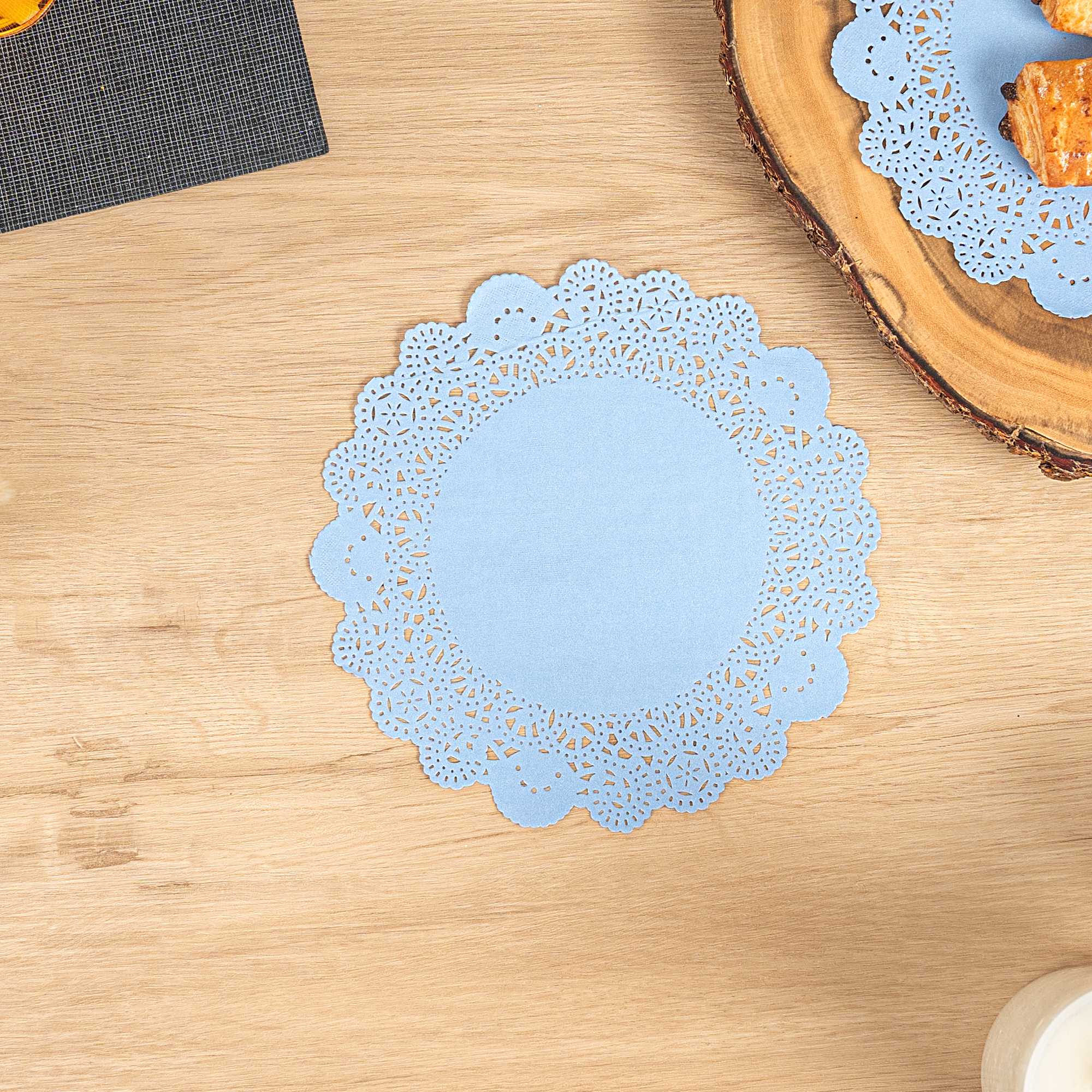 Pastry Tek Round Sky Blue Paper Doilies - Lace - 8" x 8" - 100 count box