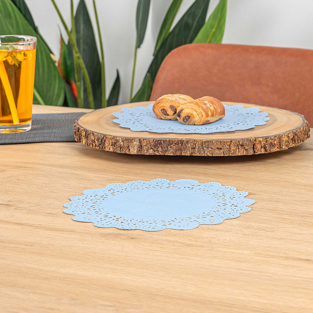 Pastry Tek Round Sky Blue Paper Doilies - Lace - 8" x 8" - 100 count box