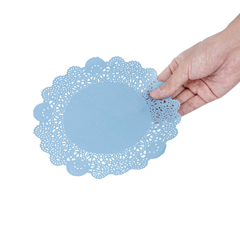 Pastry Tek Round Sky Blue Paper Doilies - Lace - 8" x 8" - 4000 count box
