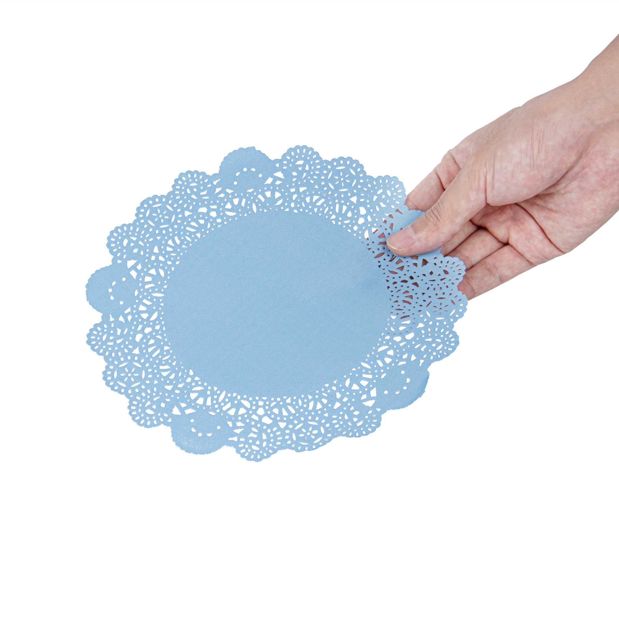 Pastry Tek Round Sky Blue Paper Doilies - Lace - 8" x 8" - 4000 count box