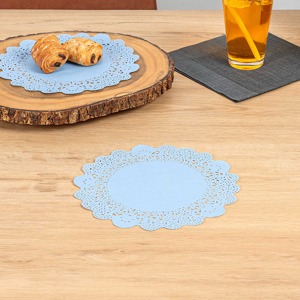 Pastry Tek Round Sky Blue Paper Doilies - Lace - 8" x 8" - 4000 count box
