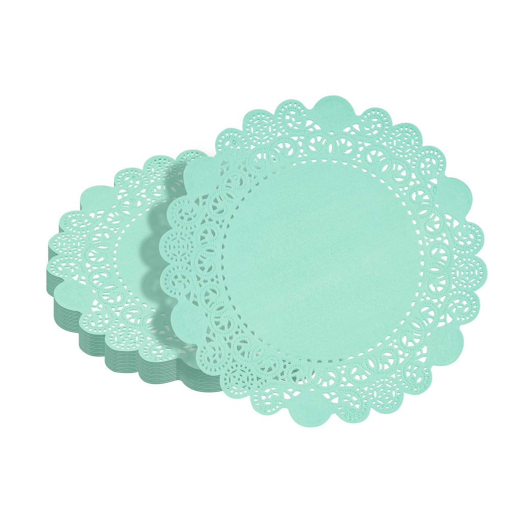 Pastry Tek Round Teal Paper Doilies - Lace - 8" x 8" - 100 count box
