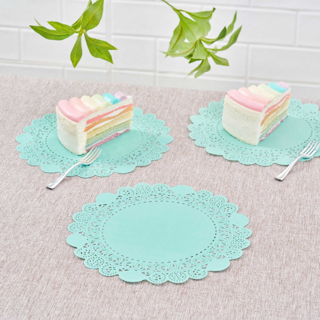 Pastry Tek Round Teal Paper Doilies - Lace - 8" x 8" - 100 count box