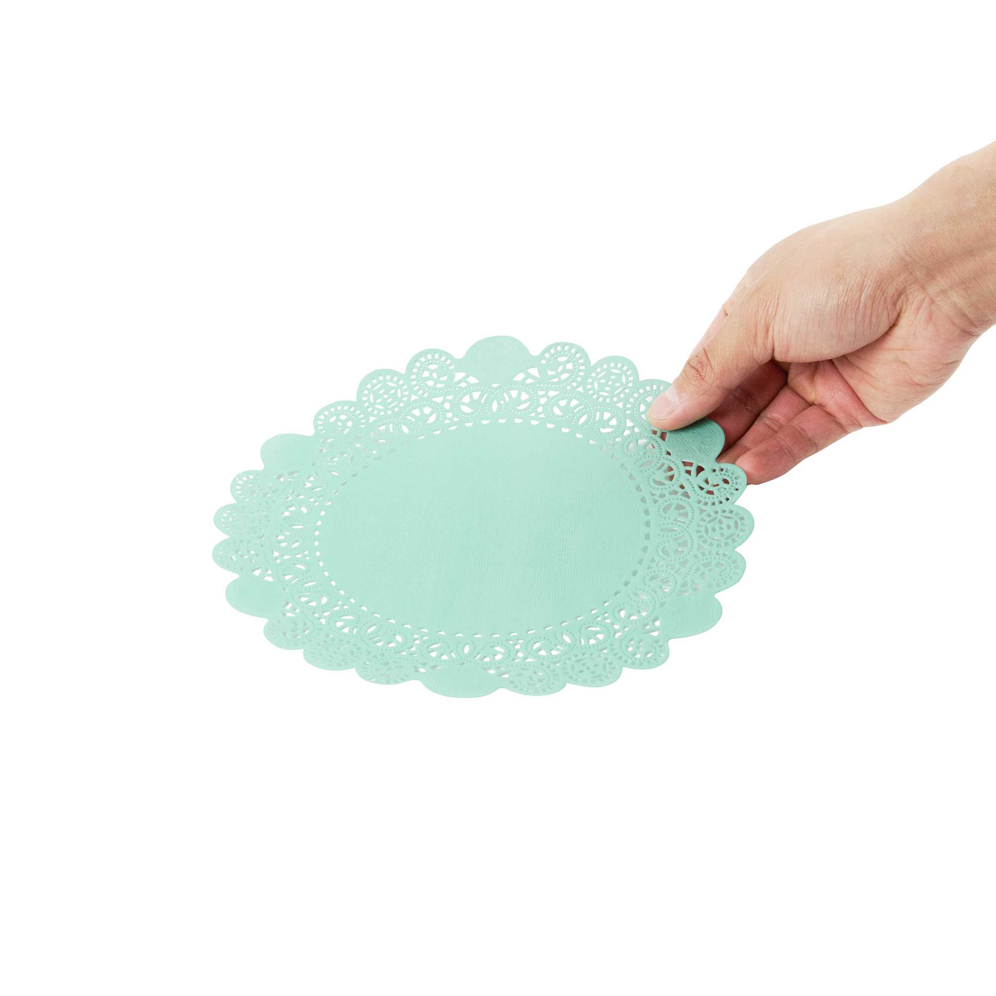Pastry Tek Round Teal Paper Doilies - Lace - 8" x 8" - 100 count box