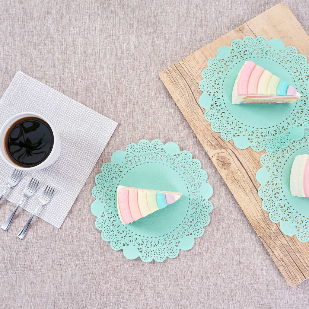 Pastry Tek Round Teal Paper Doilies - Lace - 8" x 8" - 100 count box
