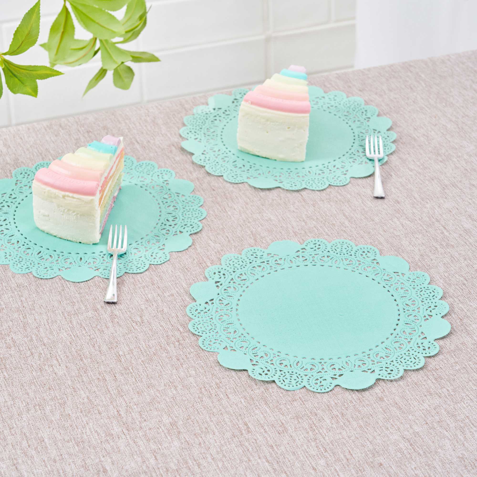 Pastry Tek Round Teal Paper Doilies - Lace - 8" x 8" - 4000 count box