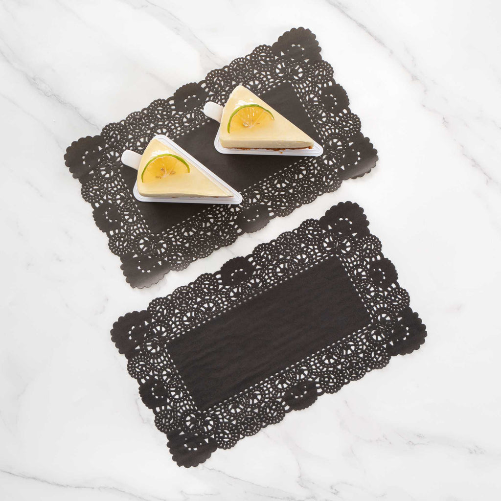 Pastry Tek Rectangle Black Paper Doilies - Lace - 12" x 7" - 4000 count box