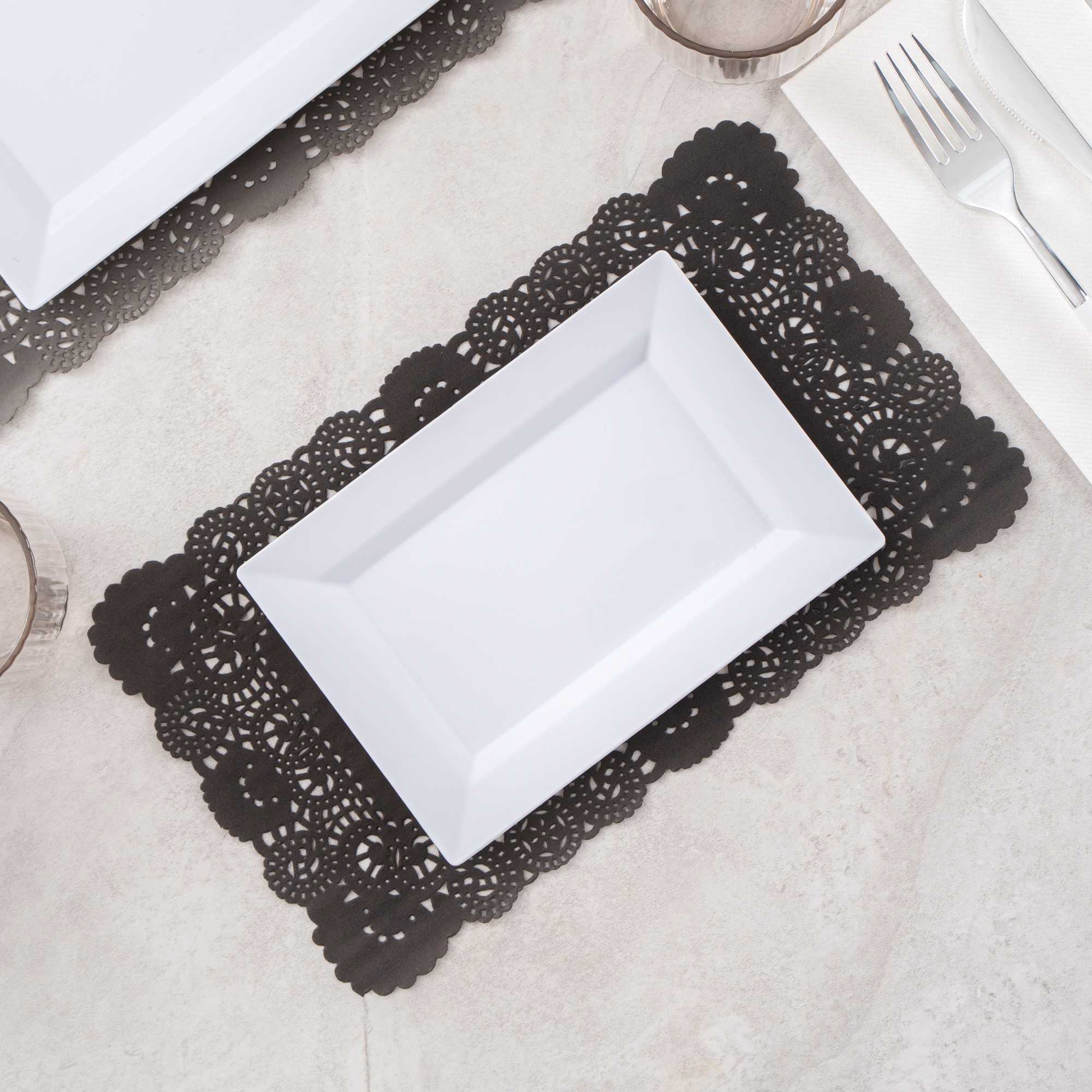 Pastry Tek Rectangle Black Paper Doilies - Lace - 12" x 7" - 4000 count box