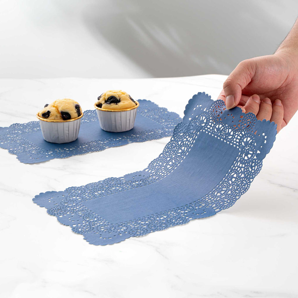 Pastry Tek Rectangle Navy Blue Paper Doilies - Lace - 12" x 7" - 100 count box