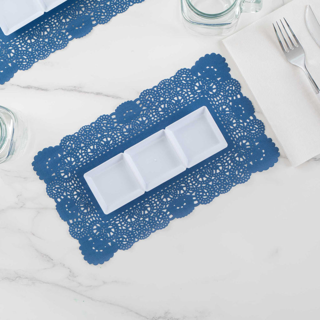 Pastry Tek Rectangle Navy Blue Paper Doilies - Lace - 12" x 7" - 100 count box