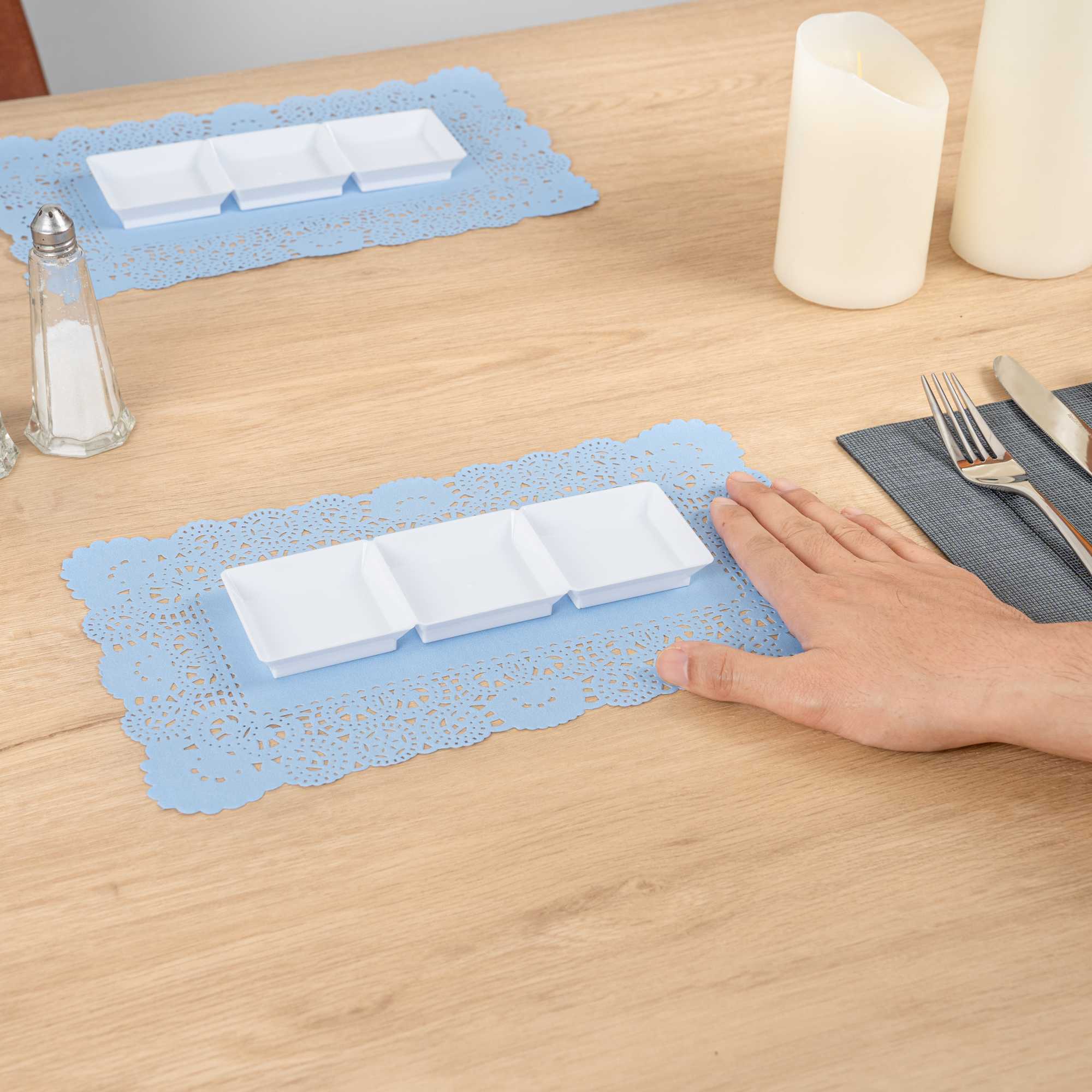 Pastry Tek Rectangle Sky Blue Paper Doilies - Lace - 12" x 7" - 100 count box