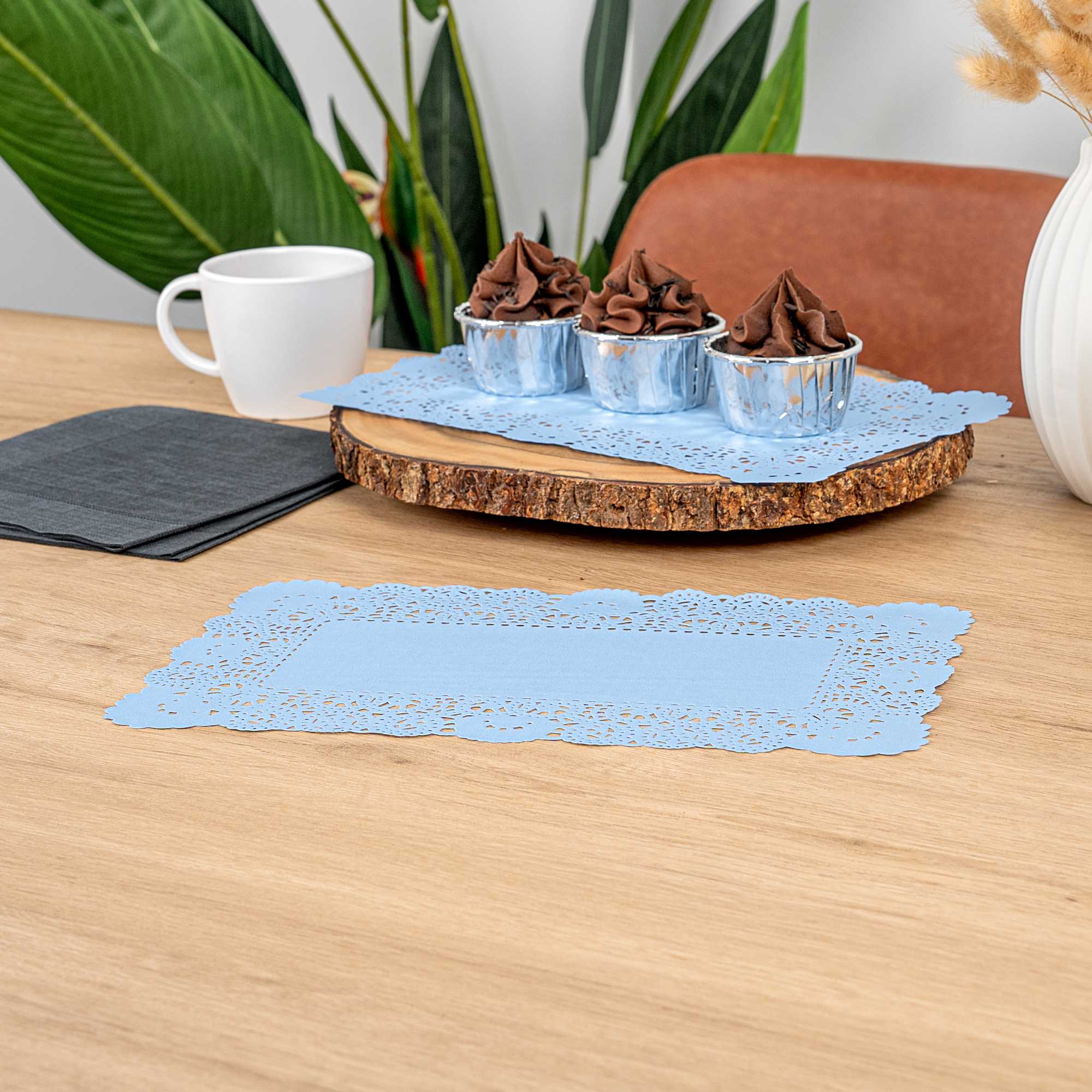 Pastry Tek Rectangle Sky Blue Paper Doilies - Lace - 12" x 7" - 100 count box